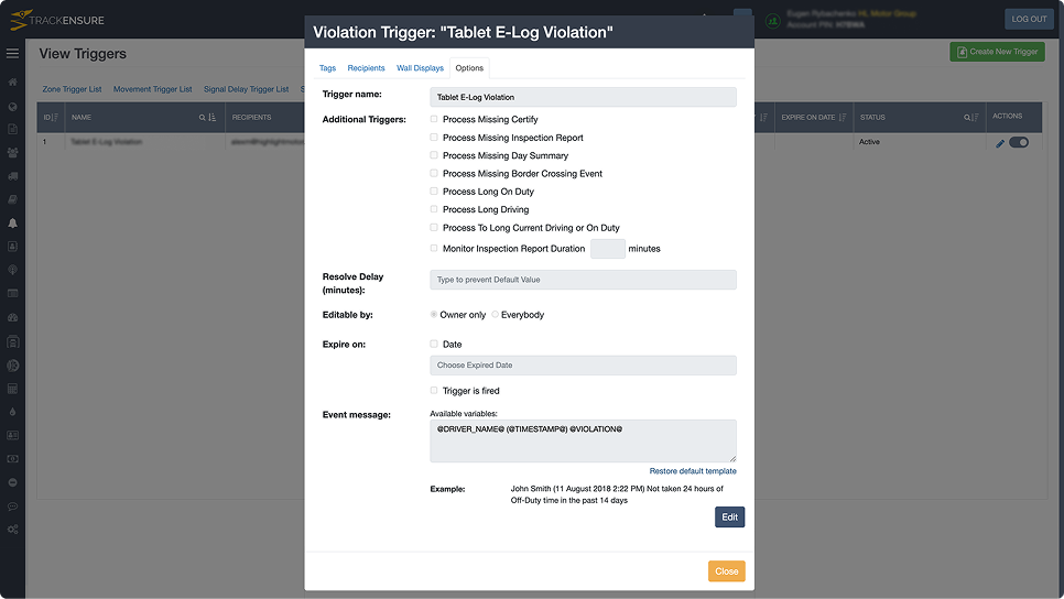 Violation Trigger Settings